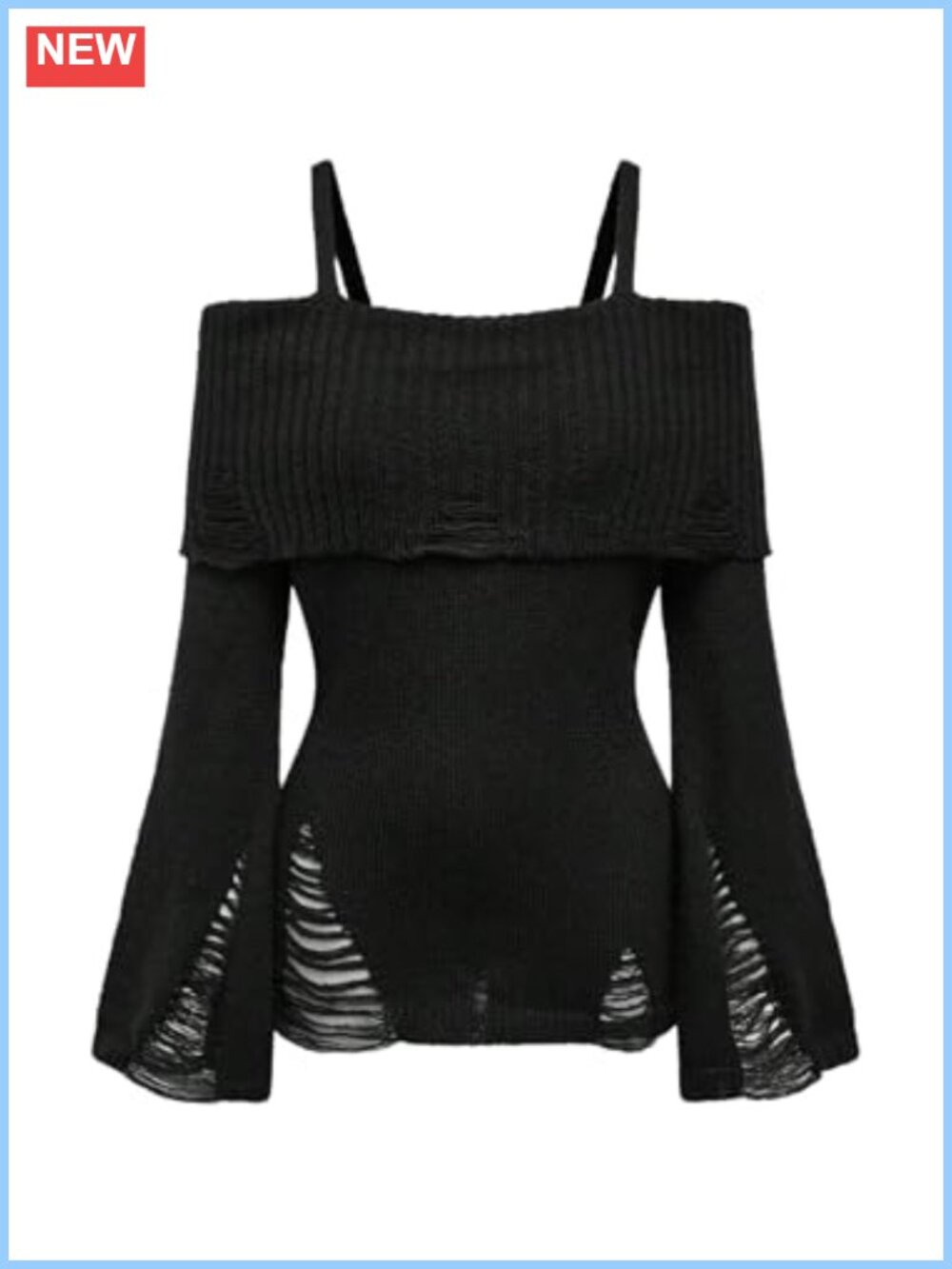 Cold Shoulder Ripped Sweater Bell Sleeve Gothic Pullover